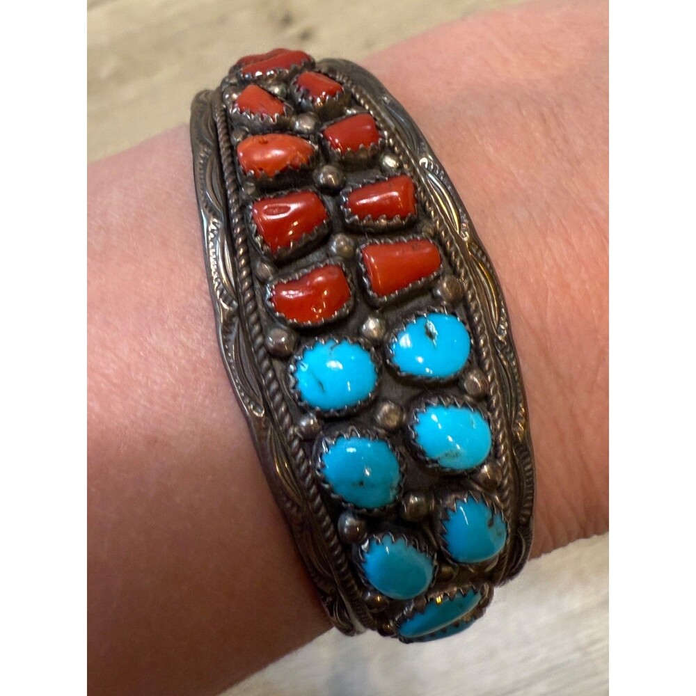 Navajo Yellowhorse Turquoise Coral Sterling Silver Cuff Bracelet Native American - Picture 2 of 16